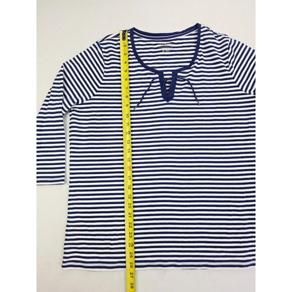 L.L. Bean Size XL Womens White Blue Stripe 3/4 Sleeve Draw String V Neck Top - Picture 8 of 9